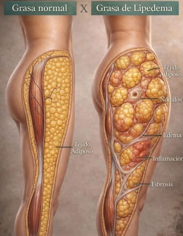 Comparación entre grasa normal y grasa de lipedema — tejido adiposo, nódulos, edema y fibrosis